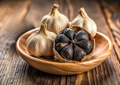 Black garlic cloves in wooden bowl