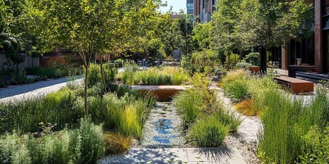 A scenic urban garden with water-efficient irrigation systems and native plant species.