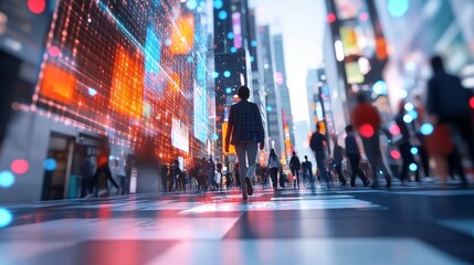 A bustling city street at night, filled with people and glowing lights. The city's energy is palpable.