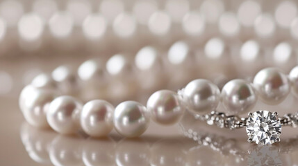 A delicate string of pearls alongside a single, sparkling diamond, emphasizing their contrasting beauty
