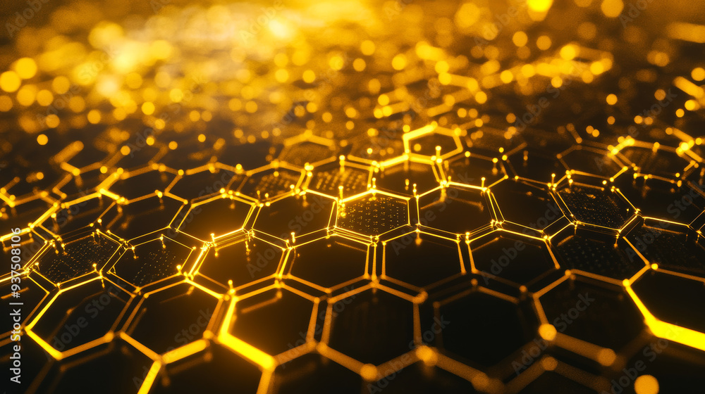 Poster abstract network linkage. structure of large data sets. digital backdrop. yellow hexagonal grid. 3d 