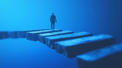 Fototapeta premium A lone figure walks forward on a path of stepping stones, representing a journey, growth, or overcoming obstacles.