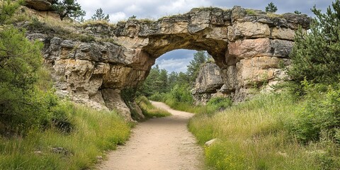 Stunning Natural Stone Archway Over Scenic Path in Meadow Landscape, Explore the Beauty of Nature's Wonders, Hiking Trail Through Rock Formation