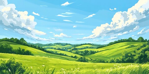 Beautiful summer landscape with green meadow and blue sky with clouds, Hilly green landscape view with green grass and beautiful sky