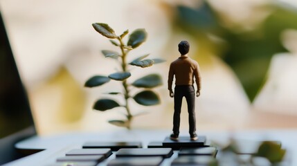 A miniature figurine of a man stands on a laptop keyboard, with a small plant growing in the background. The image symbolizes growth and progress in the digital age.