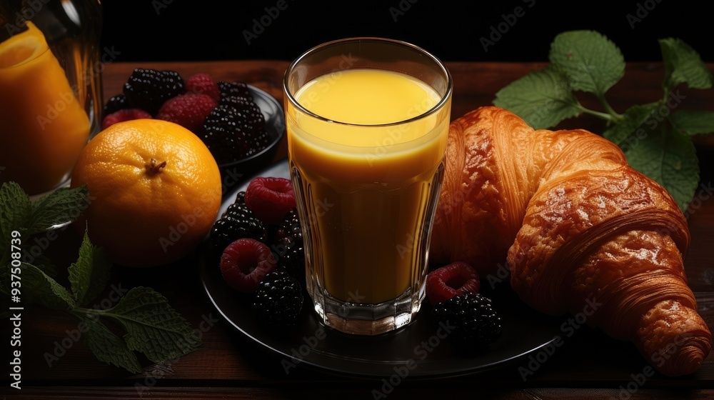 Poster breakfast with orange juice and croissant. still life with pastries and coffee. cinnabons.