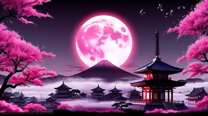 Naklejka premium Pink sky, moon, cherry blossoms, mountain, pagodas, mist. Perfect for travel brochures, inspirational quotes, backgrounds, and greeting cards. 