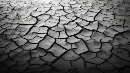 A black and white photograph of a cracked riverbed, emphasizing the stark contrast between light and shadow