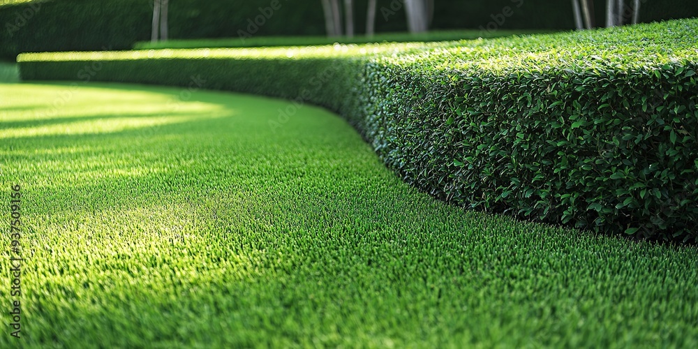 Sticker Well-manicured lawn of grass in the yard of a residential home - landscaping concept with shrubs and bushes outdoors