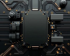 Fototapeta premium Sleek black background with shiny metal elements, overhead view, realistic photo style, futuristic look, more clarity with clear light and sharp focus, high detailed