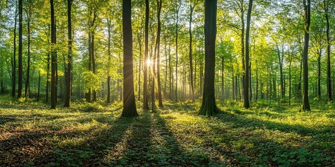 Obraz premium Green forest landscape panorama with trees and sun light going through leaves