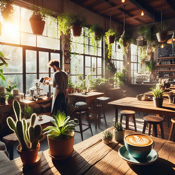 Una cafeter&iacute;a llena de plantas como adorno con un caf&eacute; con leche y un par de plantas en primer plano y un hombre trabajador por detr&aacute;s haciendo su trabajo en una luz natural y ambiente agradable