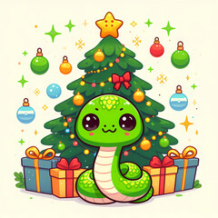 Adorable little green snake celebrating New Year under a fancy Christmas tree with gifts