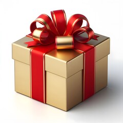 Gold Gift Box with Red Ribbon - Isolated on White Background