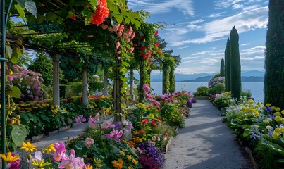 Obraz premium lanscape design. beautiful garden of blue spruce, bright yellow chrysanthemum and other vegetation, paths with pebbles for a walk