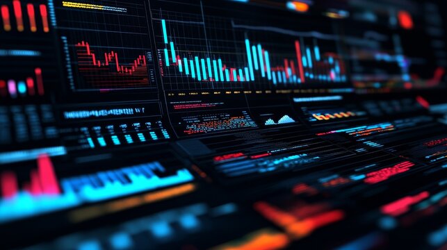 Abstract close-up of glowing graphs and charts on multiple screens, suggesting data analysis and stock market trends.