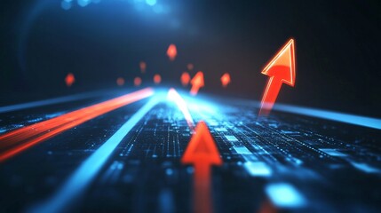 Abstract digital background with red arrows pointing upwards, signifying growth, success, and progress.