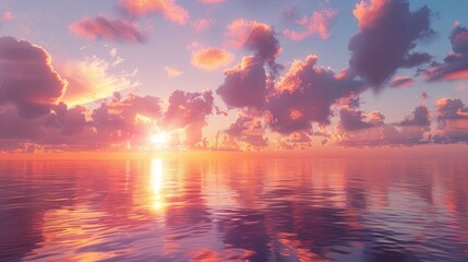 A breathtaking sunset over the Maldives, with the sky ablaze with hues of orange, pink, and purple, reflecting off the calm waters.