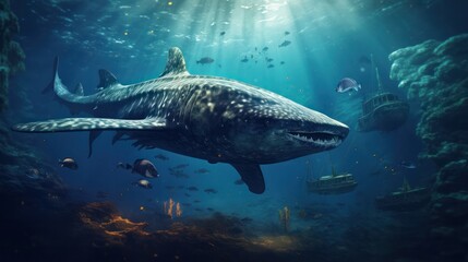 Fototapeta premium A breathtaking underwater panorama featuring a majestic whale shark gliding effortlessly past a sunken shipwreck