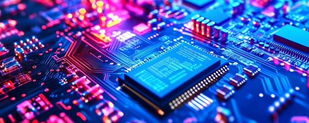 Fototapeta premium Close up of a circuit board with colorful lighting.