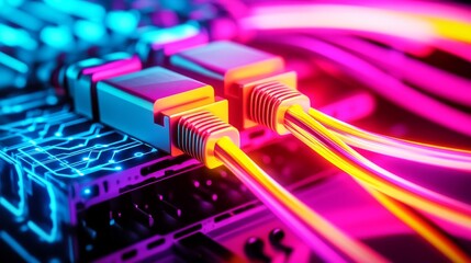 Close up of colorful network cables plugged into a computer motherboard.