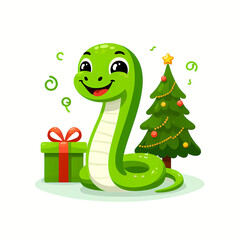 Naklejka premium Adorable little green snake celebrating New Year under a fancy Christmas tree with gifts