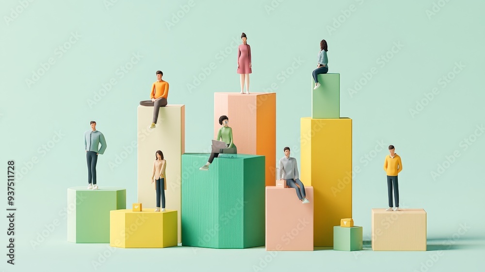 Wall mural diverse group of miniature people sitting on colorful blocks, representing teamwork, collaboration, 