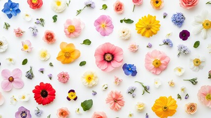 Beautifully composed array of spring flowers in bright and pastel colors, laid out on a white background with ample copy space. Top view, flat lay.