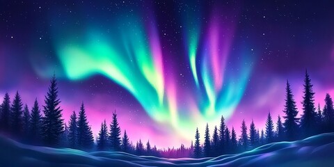 Naklejka premium Breathtaking aurora borealis illuminating a snowy landscape under a starry sky, showcasing vibrant colors and serene nature.