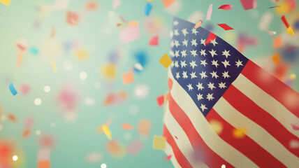 Obraz premium A vibrant celebration of patriotism with an American flag surrounded by colorful confetti in a joyful atmosphere