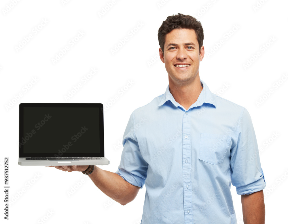 Aufkleber Man, laptop screen and portrait in studio with mockup space, connection and ui by white background. Person, employee and computer with blank display, happy and networking for job at creative agency