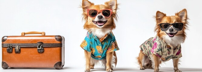 Two Chihuahuas in Sunglasses and Hawaiian Shirts Ready to Travel