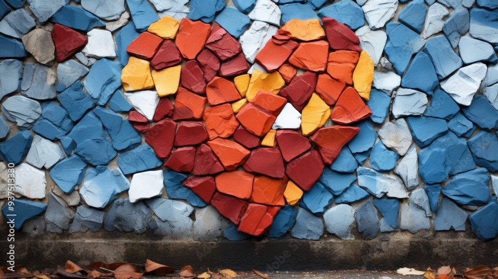 Wall mural brick wall with painted hearts in graffiti style.