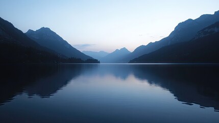 Calm lake at dusk, with the last light of the day reflecting on the water and mountains in the background.