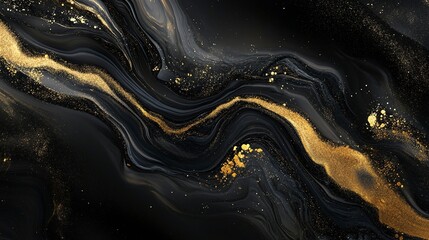 An abstract background featuring black and gold with a wave marble effect flowing in black background. Generative ai