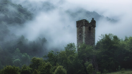 hunting tower in the valley in the morning mists