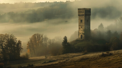 hunting tower in the valley in the morning mists