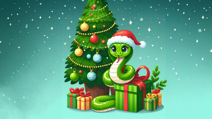 Obraz premium Adorable little green snake celebrating New Year under a fancy Christmas tree with gifts