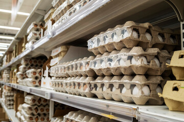 Chicken eggs on the supermarket shelf.