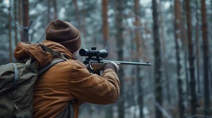 Fototapeta premium Hunter during hunting in a forest, holding a rifle and aiming at a deer.