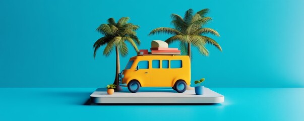 Yellow camper van between two palm trees on a blue background.