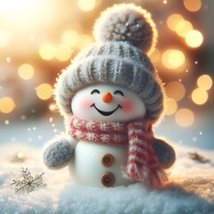 Cute Laughing Snowman with Wool Hat & Scarf - Photorealistic Winter Scene with Bokeh Lights