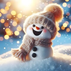 Obraz premium Cute Laughing Snowman with Wool Hat & Scarf - Photorealistic Winter Scene with Bokeh Lights