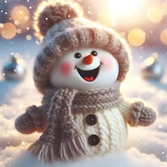 Obraz premium Cute Laughing Snowman with Wool Hat & Scarf - Photorealistic Winter Scene with Bokeh Lights