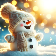 Obraz premium Cute Laughing Snowman with Wool Hat & Scarf - Photorealistic Winter Scene with Bokeh Lights