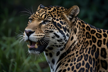 A close up of a Jaguar in a forest