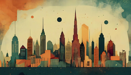 vintage illustration watercolor painting of the city