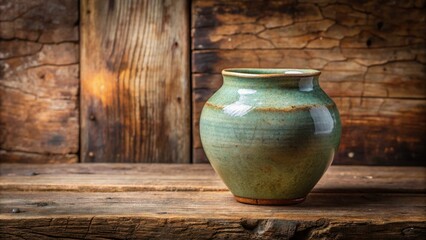 Earthy muted tones worn vintage celadon pottery subtle imperfections cracked glaze rustic wooden backdrop natural morning light