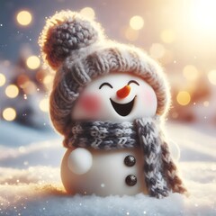 Obraz premium Cute Laughing Snowman with Wool Hat & Scarf - Photorealistic Winter Scene with Bokeh Lights