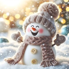 Cute Laughing Snowman with Wool Hat & Scarf - Photorealistic Winter Scene with Bokeh Lights